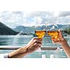 happy young couple having lanch at beautiful restaurant on the beach