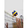 volleyball game sport with group of young beautiful girls indoor in sport arena school gym