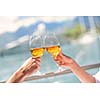 happy young couple having lanch at beautiful restaurant on by the sea on  beach