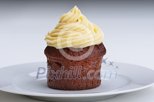 muffin with chocolate sauce dessert isolated on white background muffin with chocolate sauce dessert isolated on white background
