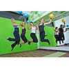 happy girls jumping in fitness centre