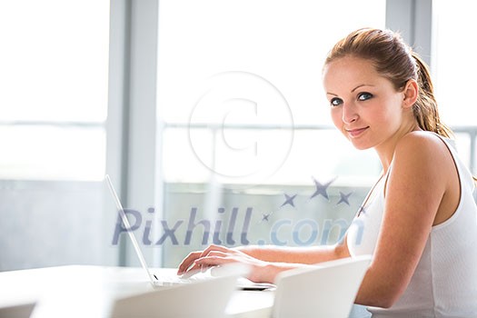 Portrait of a female university student/office worker using laptop at a library/office (color toned image; shallow DOF) Portrait of a female university student/office worker using laptop at a library/office (color toned image; shallow DOF)