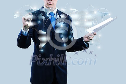 Chest view of businessman touching icon of media screen Chest view of businessman touching icon of media screen