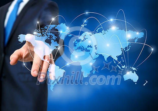 Chest view of businessman touching icon of media screen Chest view of businessman touching icon of media screen