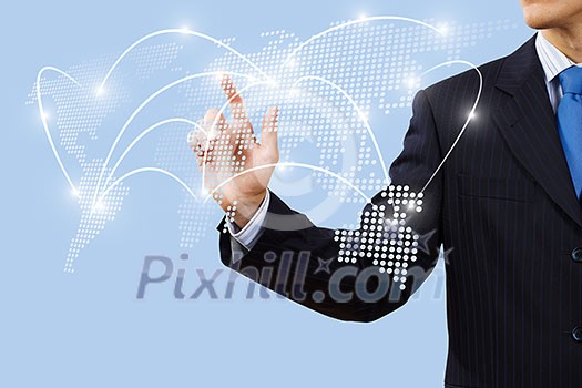 Chest view of businessman touching icon of media screen Chest view of businessman touching icon of media screen