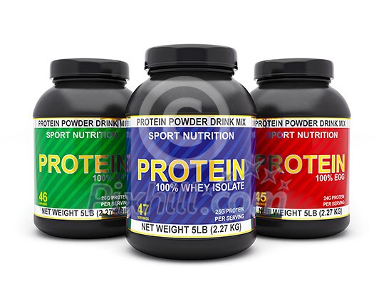 Sport nutrition, bodybuilding supplements, diet concept - whey isolate, soy and egg protein jar cans isolated on white background Sport nutrition, bodybuilding supplements, diet concept - whey isolate, soy and egg protein jar cans isolated on white background