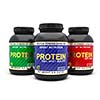 Sport nutrition, bodybuilding supplements, diet concept - whey isolate, soy and egg protein jar cans isolated on white background