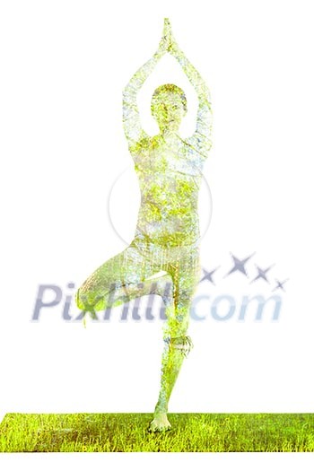 Nature harmony healthy lifestyle concept - double exposure image of woman doing yoga Tree pose asana Vrikshasana exercise isolated on white background Nature harmony healthy lifestyle concept - double exposure image of woman doing yoga Tree pose asana Vrikshasana exercise isolated on white background