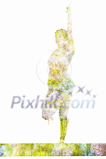 Nature harmony healthy lifestyle concept. Double exposure image of woman doing yoga preparing for Half Bound Lotus Standing Forward Bend Ardha Baddha Padmottanasana asana exercise isolated Nature harmony healthy lifestyle concept. Double exposure image of woman doing yoga preparing for Half Bound Lotus Standing Forward Bend Ardha Baddha Padmottanasana asana exercise isolated
