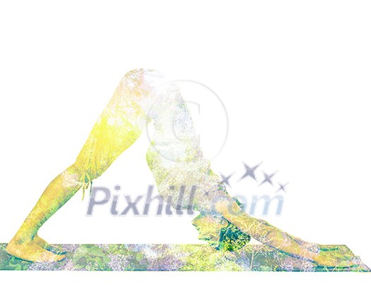 Nature harmony healthy lifestyle concept - double exposure image of woman doing yoga asana downward facing dog pose adho mukha svanasana exercise isolated on white background Nature harmony healthy lifestyle concept - double exposure image of woman doing yoga asana downward facing dog pose adho mukha svanasana exercise isolated on white background