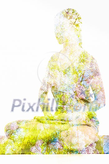 Nature harmony healthy lifestyle concept - double exposure image of woman doing yoga asana Lotus Position padmasana with bhairava mudra asana exercise. Cross-legged sitting asana for meditation Nature harmony healthy lifestyle concept - double exposure image of woman doing yoga asana Lotus Position padmasana with bhairava mudra asana exercise. Cross-legged sitting asana for meditation
