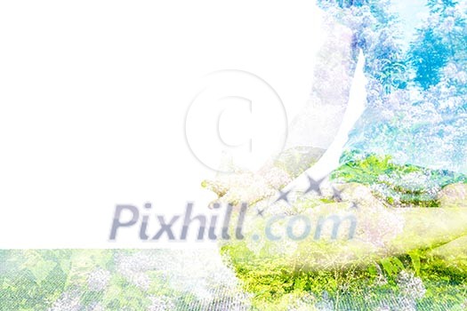 Nature harmony healthy lifestyle concept. Double exposure image of woman doing yoga asana Padmasana Lotus pose cross legged position for meditation with Chin Mudra - gesture of consciousness Nature harmony healthy lifestyle concept. Double exposure image of woman doing yoga asana Padmasana Lotus pose cross legged position for meditation with Chin Mudra - gesture of consciousness
