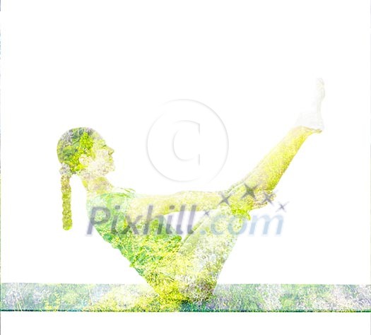 Nature harmony healthy lifestyle concept - double exposure image of woman doing yoga asana Full Boat pose asana Paripurna navasana exercise isolated on white Nature harmony healthy lifestyle concept - double exposure image of woman doing yoga asana Full Boat pose asana Paripurna navasana exercise isolated on white