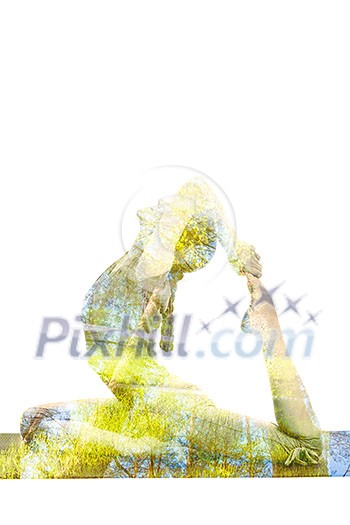 Nature harmony healthy lifestyle concept - double exposure image of woman doing yoga asana King Pigeon Pose Raja Kapotasana exercise isolated on white background Nature harmony healthy lifestyle concept - double exposure image of woman doing yoga asana King Pigeon Pose Raja Kapotasana exercise isolated on white background