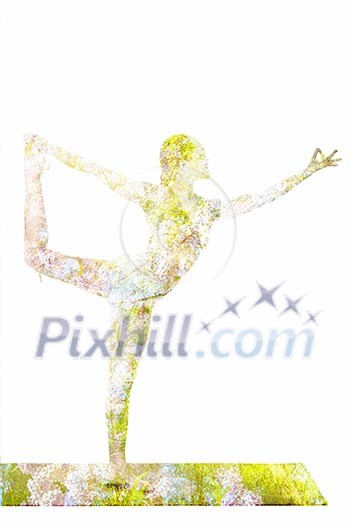 Nature harmony healthy lifestyle concept. Double exposure image of Lord of the Dance Pose Natarajasana asana exercise isolated on white background Nature harmony healthy lifestyle concept. Double exposure image of Lord of the Dance Pose Natarajasana asana exercise isolated on white background