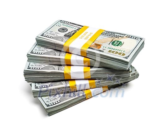 Creative business finance making money wealth success concept - stack of bundles of 100 US dollars 2013 edition banknotes bills isolated on white Creative business finance making money wealth success concept - stack of bundles of 100 US dollars 2013 edition banknotes bills isolated on white