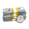 Time is money concept - stopwatch and stack of new 100 US dollars 2013 edition banknotes bills bundles isolated on white