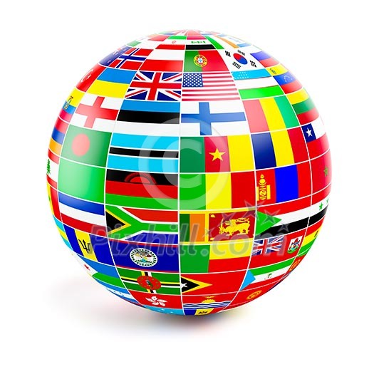 Travel and international business concept - 3d globe sphere with flags of the world on white background Travel and international business concept - 3d globe sphere with flags of the world on white background