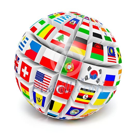 ThreeD globe sphere with flags of the world on white ThreeD globe sphere with flags of the world on white