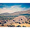 Vintage retro effect filtered hipster style image of famous Mexico landmark tourist attraction - Pyramid of the Moon, view from the Pyramid of the Sun. Teotihuacan, Mexico