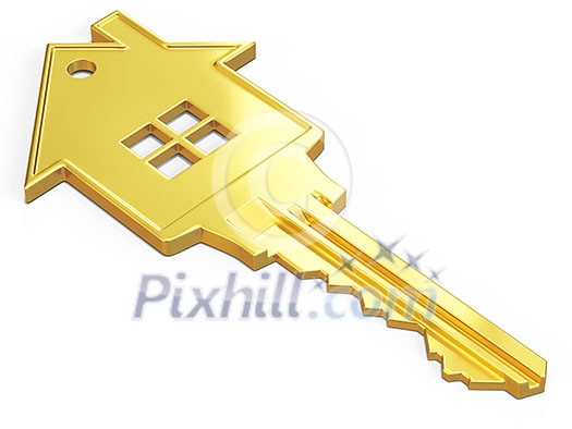 House safety rent real estate purchase concept - house shaped gold key isolated on white House safety rent real estate purchase concept - house shaped gold key isolated on white