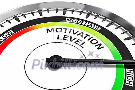Motivation level concept - gauge gage dial close up with arrow measuring high motivation Motivation level concept - gauge gage dial close up with arrow measuring high motivation