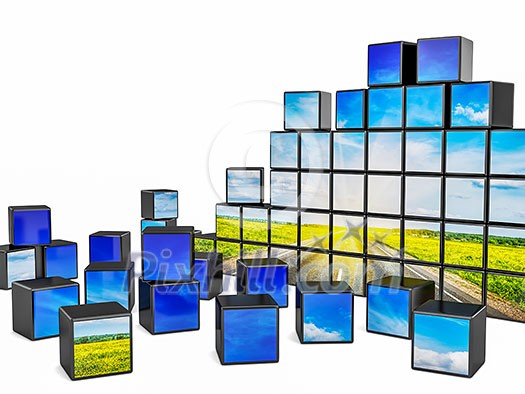 Travel concept background - cubes with beautiful landscape road in blooming spring meadow on sunset on white Travel concept background - cubes with beautiful landscape road in blooming spring meadow on sunset on white