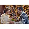 romantic evening date in restaurant  happy young couple with wine glass tea and cake