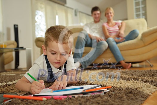 happy young family with kids in bright modern living room have fun and looking big flat lcd tv happy young family with kids in bright modern living room have fun and looking big flat lcd tv