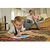 happy young family with kids in bright modern living room have fun and looking big flat lcd tv