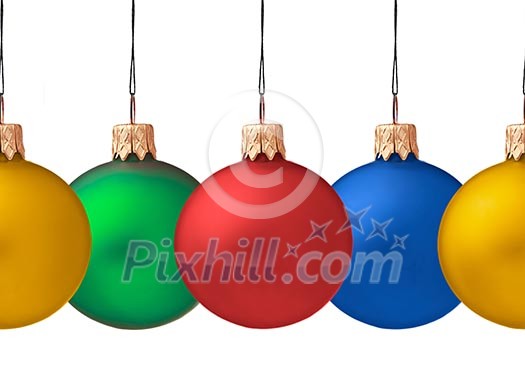 Row pf hanging Christmas baubles isolated on white background, seamless horizontally Row pf hanging Christmas baubles isolated on white background, seamless horizontally