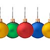 Row pf  hanging Christmas baubles isolated  on white background, seamless horizontally