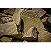 Buddhist prayer mantras on stones in Tibetan Buddhism temple