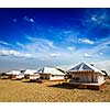 Tourist tent camp in desert. Jaisalmer, Rajasthan, India.