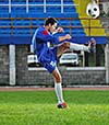 soccer player doing kick with ball on football stadium  field  isolated on black background  in night