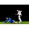 competition Action run and jump Duel of football players at soccer ball stadium at night