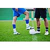 competition Action run and jump Duel of football players at soccer ball stadium at night