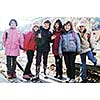 happy school girls running outdoor at sunny autumn day