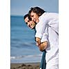 happy young couple in white clothing  have romantic recreation and   fun at beautiful beach on  vacations