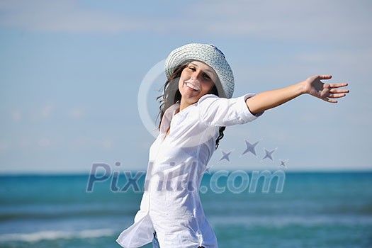 happy young woman relax onbeautiful beach at morning happy young woman relax onbeautiful beach at morning