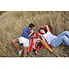 happy young couple relaxing in nature white making photos and taking images and posing for camera