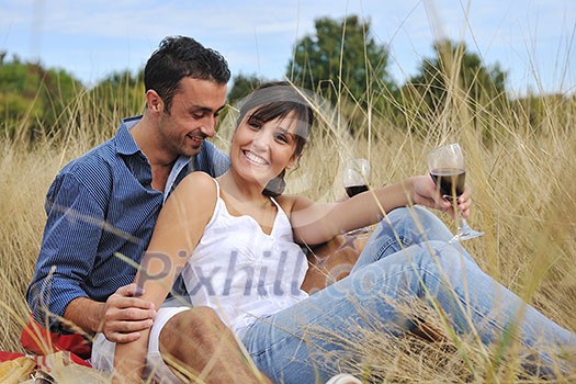 happy young couple enjoying picnic on the countryside in the field and have good time happy young couple enjoying picnic on the countryside in the field and have good time