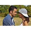 happy young couple have romantic time outdoor while smiling and hug