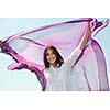 beautiful young woman on beach with scarf relax smile and have fun