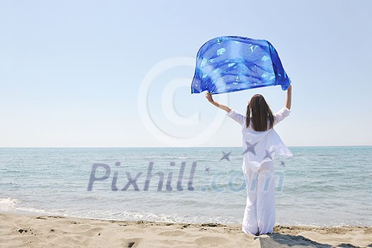 beautiful young woman on beach with scarf relax smile and have fun beautiful young woman on beach with scarf relax smile and have fun