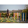 Young woman show jumping with horse