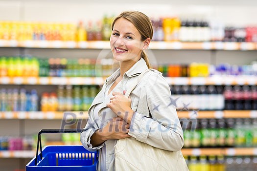 Pretty, young woman with a shopping basket buying groceries in a supermarket/mall/gr ocery store (color toned image; shallow DOF) Pretty, young woman with a shopping basket buying groceries in a supermarket/mall/gr ocery store (color toned image; shallow DOF)