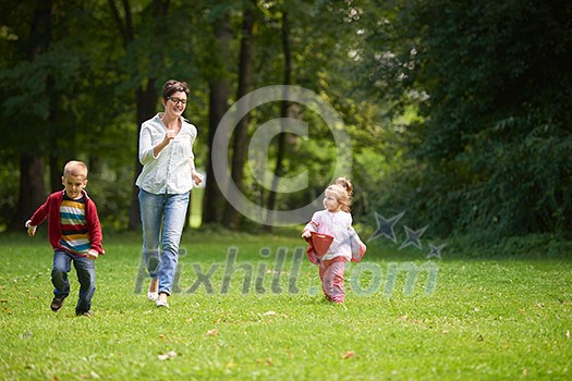 happy family playing together outdoor in park mother with kids running on grass happy family playing together outdoor in park mother with kids running on grass