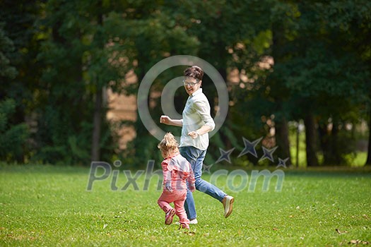 happy family playing together outdoor in park mother with kids running on grass happy family playing together outdoor in park mother with kids running on grass