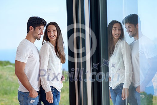 romantic happy young couple relax at modern home staircase indoors romantic happy young couple relax at modern home staircase indoors
